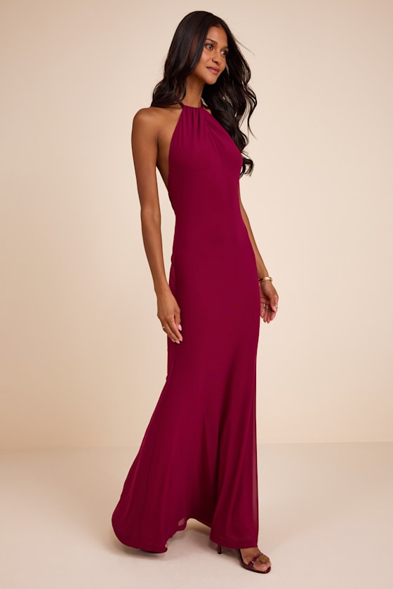 Adriel Berry Red Mesh Halter Mermaid Maxi Dress