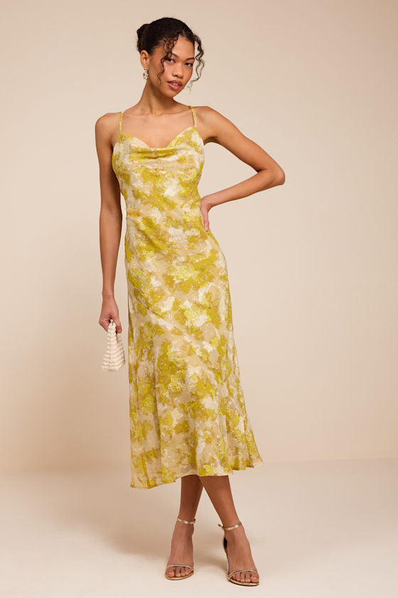 Neida Yellow Floral Burnout Cowl Neck Midi Dress