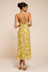 Neida Yellow Floral Burnout Cowl Neck Midi Dress