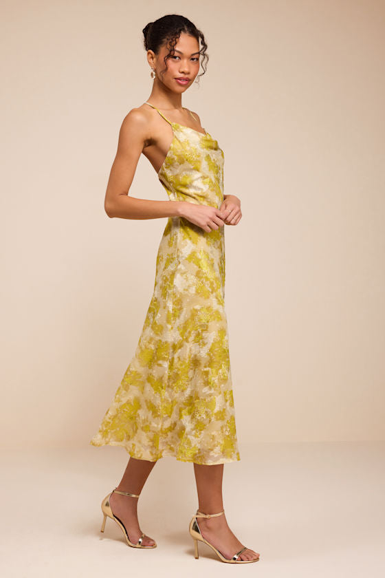 Neida Yellow Floral Burnout Cowl Neck Midi Dress