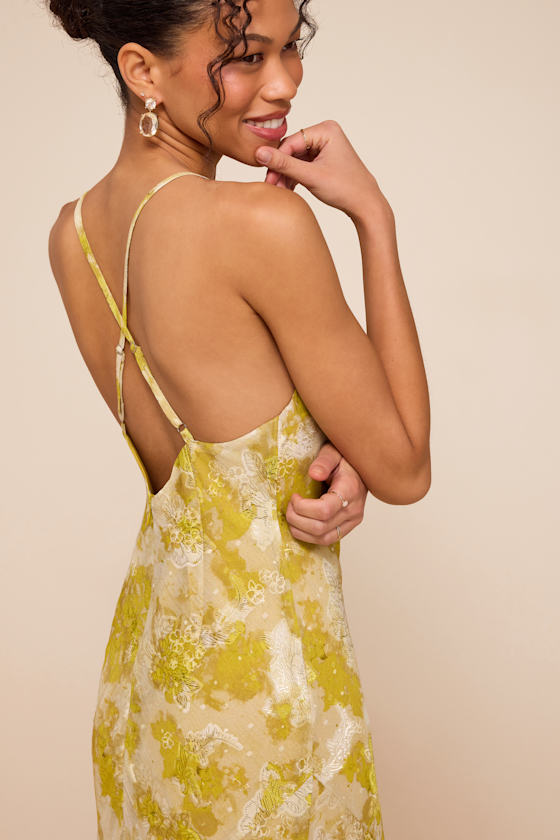 Neida Yellow Floral Burnout Cowl Neck Midi Dress