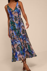 Denay Blue Multi Floral V-Neck Midi Dress