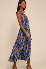 Denay Blue Multi Floral V-Neck Midi Dress