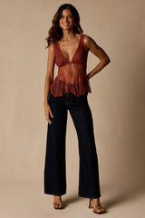 Marsha Rust Sheer Lace V-Neck Tank Top