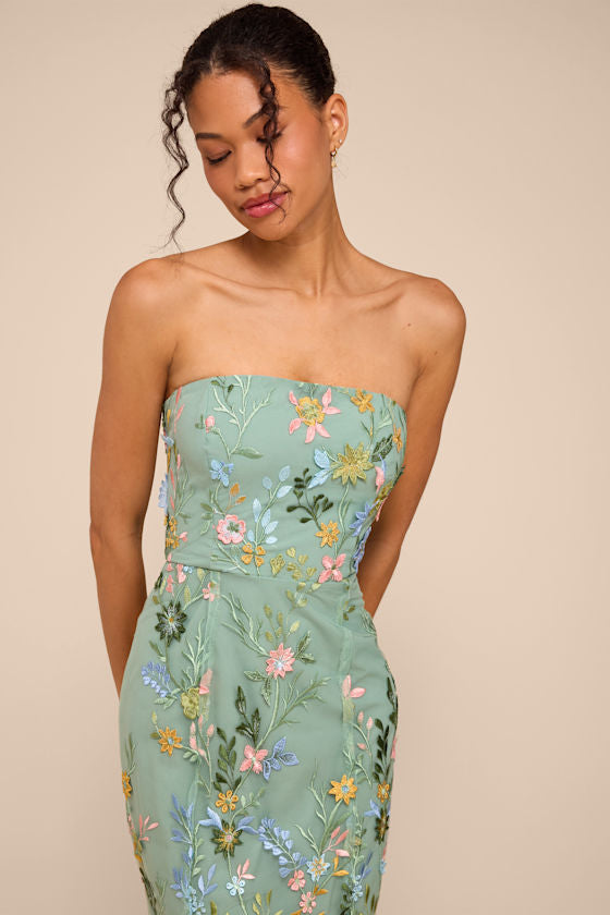 Stefanie Dark Sage Floral Embroidered Mermaid Maxi Dress