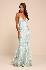Nelia Light Blue Floral Ruffled Mermaid Maxi Dress