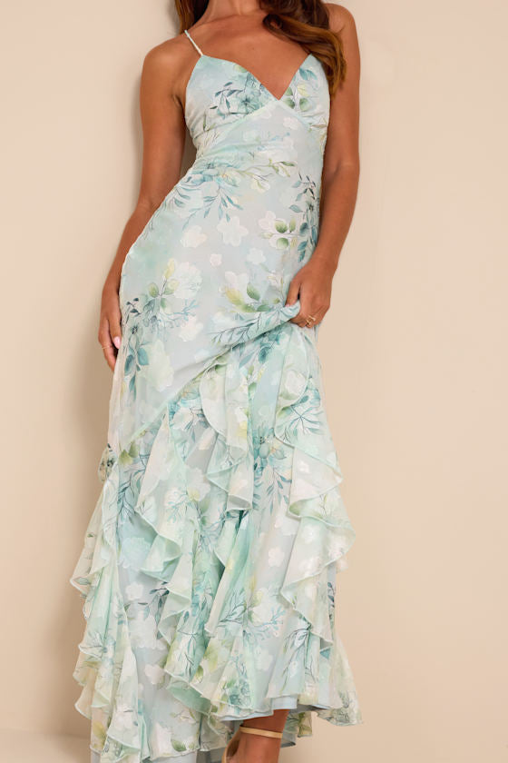 Nelia Light Blue Floral Ruffled Mermaid Maxi Dress