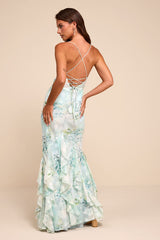 Nelia Light Blue Floral Ruffled Mermaid Maxi Dress