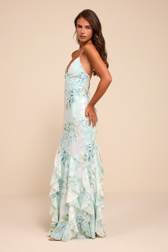Nelia Light Blue Floral Ruffled Mermaid Maxi Dress