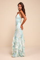 Nelia Light Blue Floral Ruffled Mermaid Maxi Dress