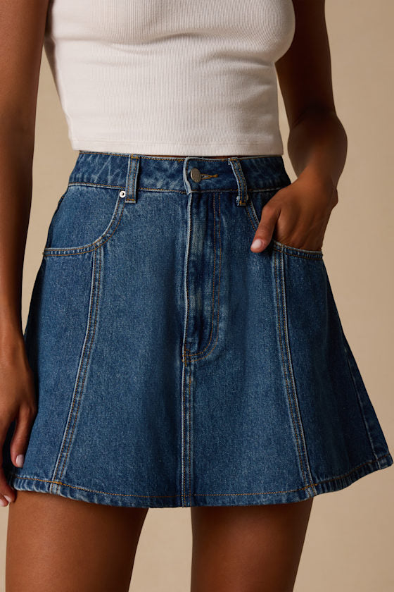 Minola Medium Wash Denim Skater Mini Skirt