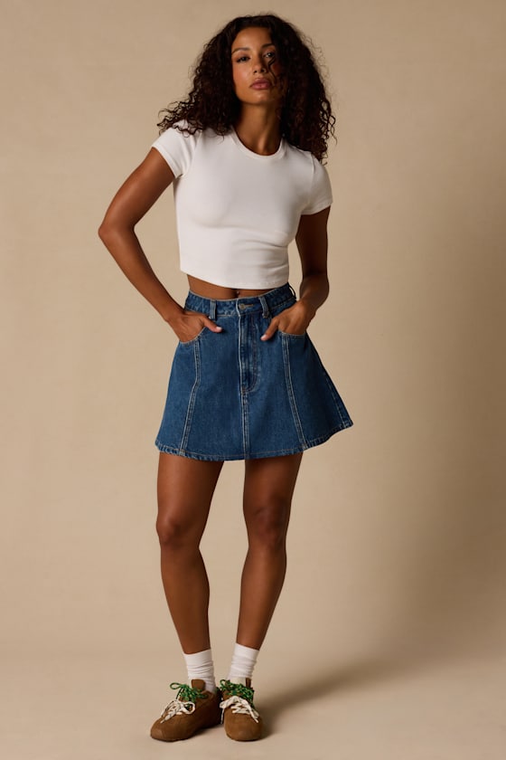 Minola Medium Wash Denim Skater Mini Skirt