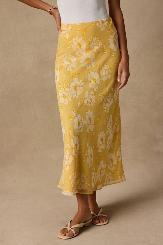 Malaya Yellow Floral High-Rise Midi Skirt
