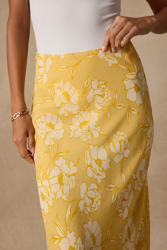 Malaya Yellow Floral High-Rise Midi Skirt