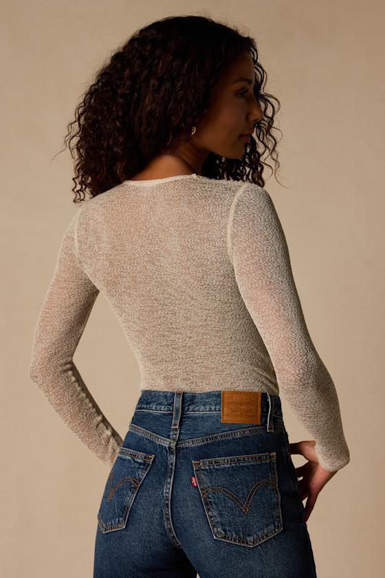 Amoya Beige Knit Surplice Long Sleeve Bodysuit