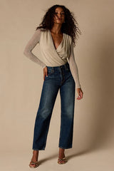 Amoya Beige Knit Surplice Long Sleeve Bodysuit