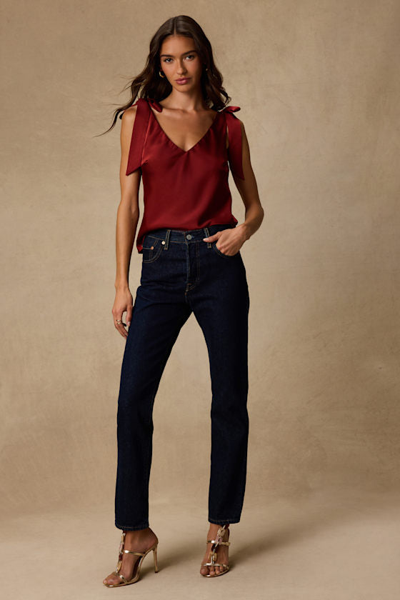 Denia Wine Red Satin V-Neck Tank Top