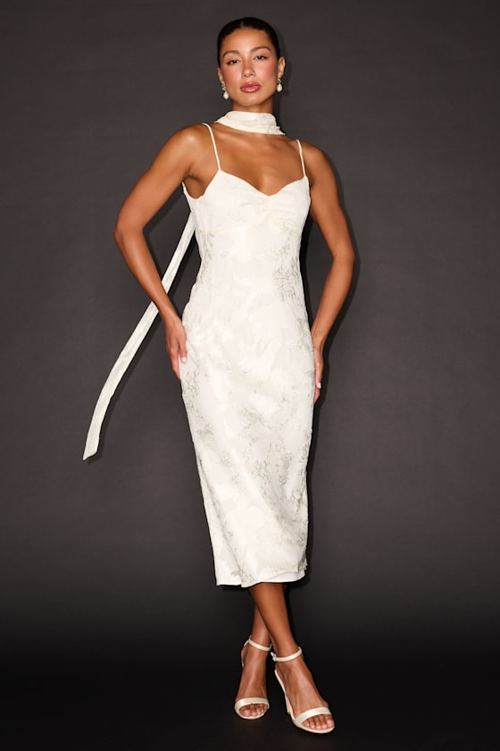 Aydah Ivory Floral Burnout Slip Midi Dress and Scarf Set