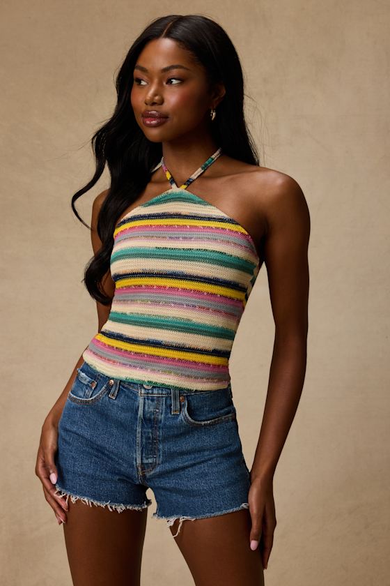 Thara Beige Multi Striped Crochet Halter Top