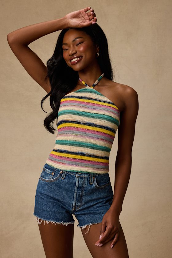 Thara Beige Multi Striped Crochet Halter Top