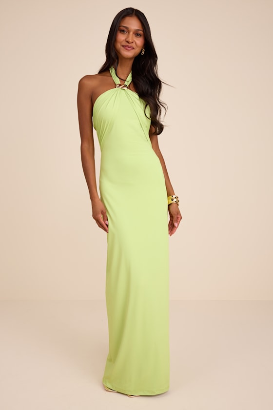 Pauline Lime Green Jersey Knit Halter Maxi Dress