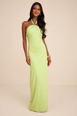 Pauline Lime Green Jersey Knit Halter Maxi Dress
