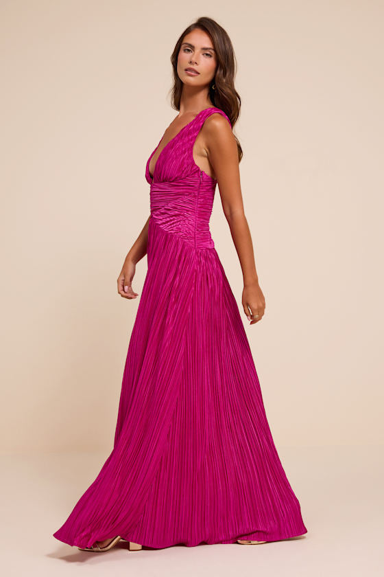 Evaluna Berry Pink Plisse Maxi Dress