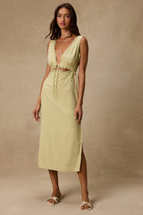 Connie Light Chartreuse Lace Tie-Front Midi Dress