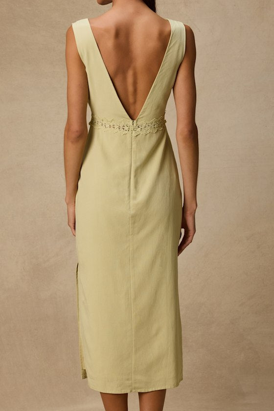 Connie Light Chartreuse Lace Tie-Front Midi Dress