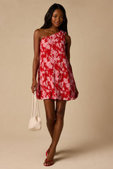 Aralia Red Multi Floral One-Shoulder Shift Mini Dress
