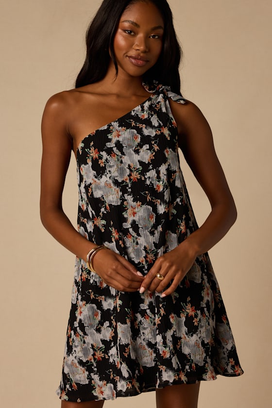 Aralia Black Multi Floral One-Shoulder Shift Mini Dress