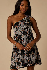 Aralia Black Multi Floral One-Shoulder Shift Mini Dress