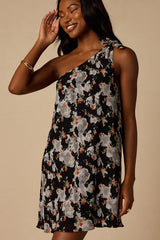 Aralia Black Multi Floral One-Shoulder Shift Mini Dress