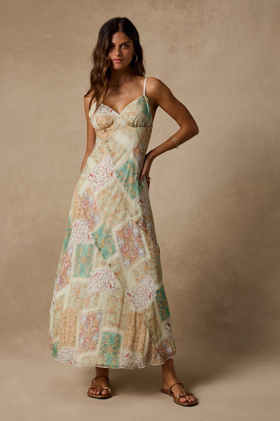 Nicole Light Sage Multi Patchwork Slip Midi Dress