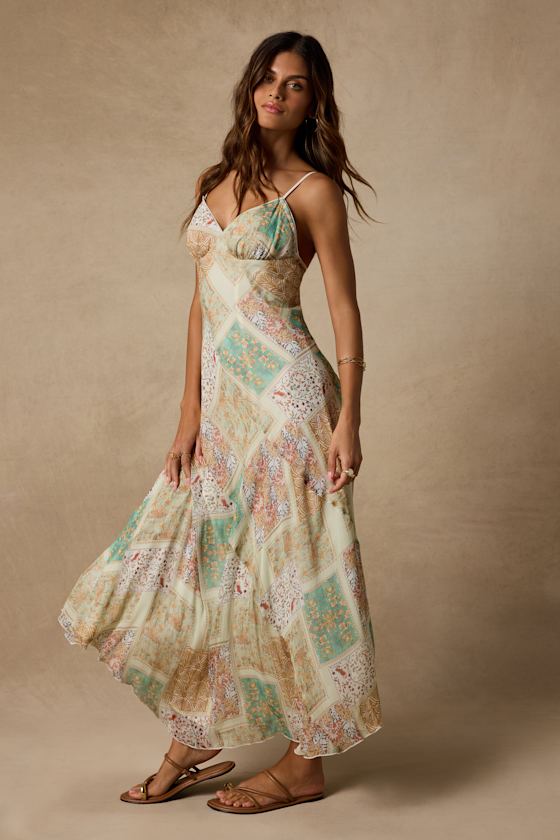Nicole Light Sage Multi Patchwork Slip Midi Dress