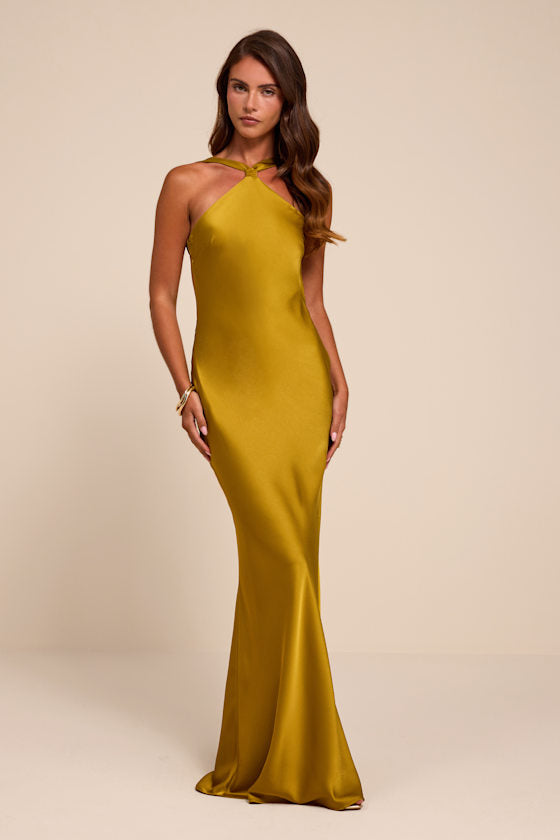 Sienna Chartreuse Satin Backless Maxi Dress