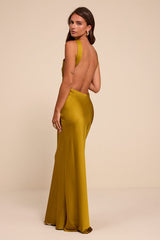 Sienna Chartreuse Satin Backless Maxi Dress