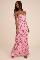 Marlene Light Pink Floral Pleated Drop Waist Maxi Dress