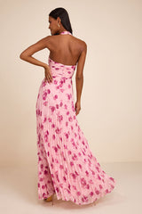 Krystal Light Pink Floral Pleated Halter Maxi Dress