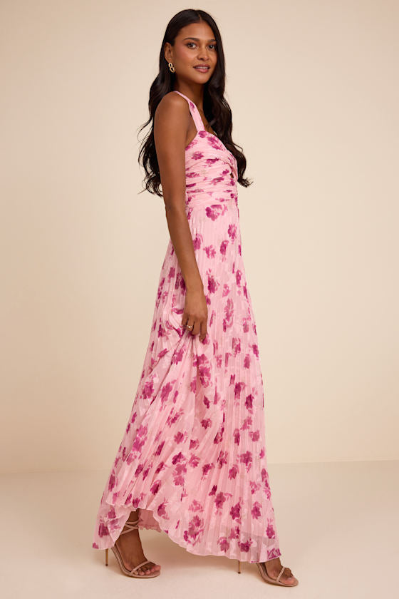 Krystal Light Pink Floral Pleated Halter Maxi Dress