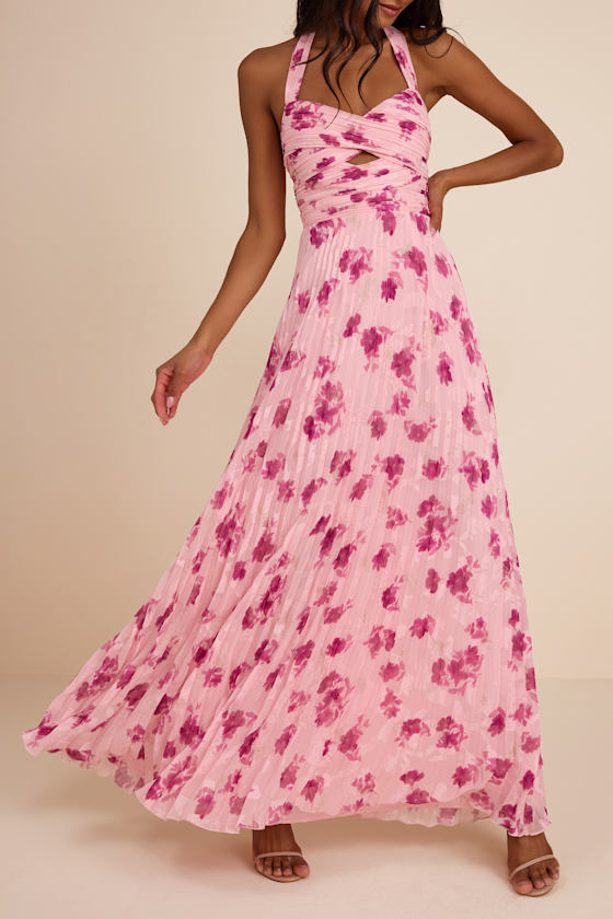 Krystal Light Pink Floral Pleated Halter Maxi Dress