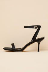 Ensley Black Satin Kitten Heel Ankle Strap Sandals