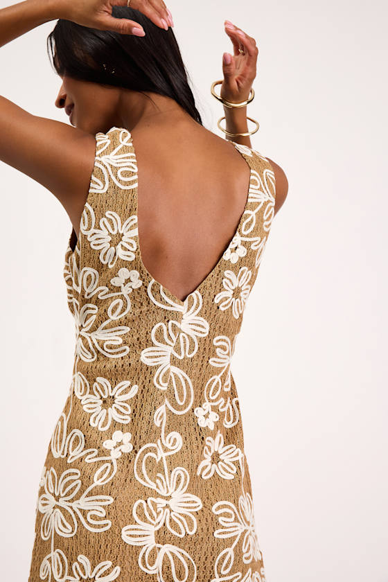 Fenicia Light Brown Abstract Floral Embroidered Mini Dress