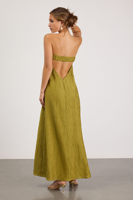Radiant Season Olive Green Plisse Cutout Strapless Maxi Dress