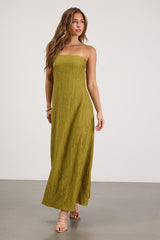 Radiant Season Olive Green Plisse Cutout Strapless Maxi Dress