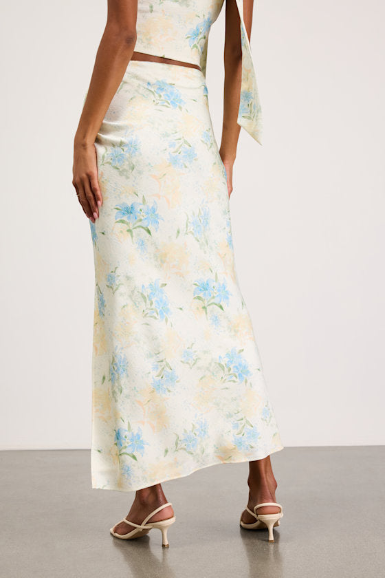 Patrice Cream Multi Floral Ruched Maxi Skirt