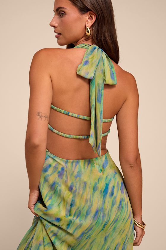 Reyes Green Multi Abstract Halter Midi Dress