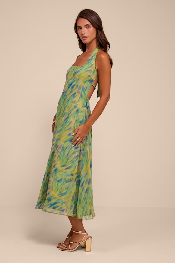 Reyes Green Multi Abstract Halter Midi Dress