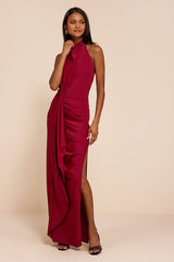 Mystras Red Slinky Knit Backless Halter Maxi Dress