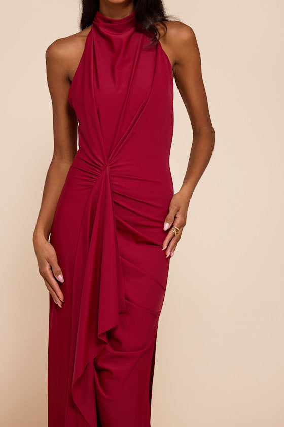 Mystras Red Slinky Knit Backless Halter Maxi Dress